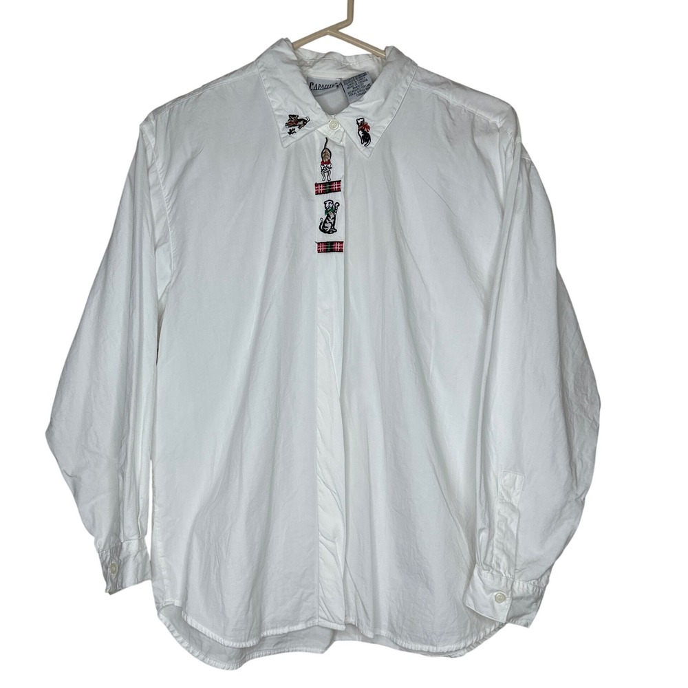 Capacity Petites VTG White Button Up Shirt‎ Plaid Cats Embroidered Long Sleeve L